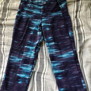 blue + purple patterned cropped leggings